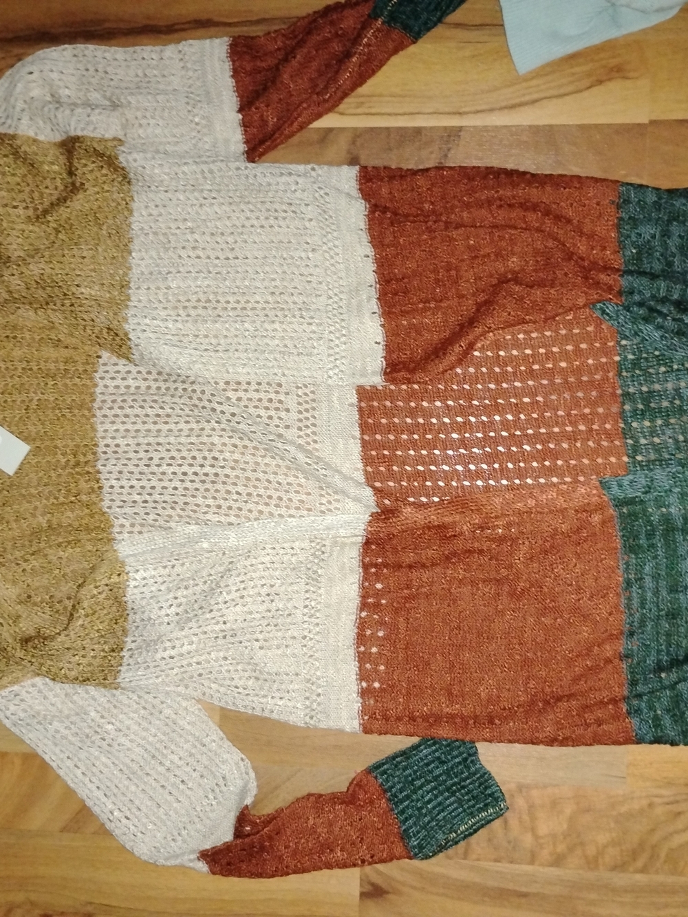 Maurices Colorblock Open-Knit Cardigan in Cream, Rust & Teal